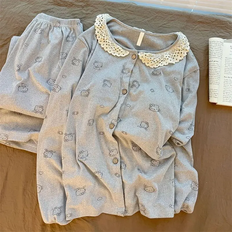 

Sanrio Hello Kitty Women's Sleeping Pajama Set Kawaii Cartoon Winter Warm Sleepwear Long Sleeve Pant Nightwear Home Clothes﻿ New