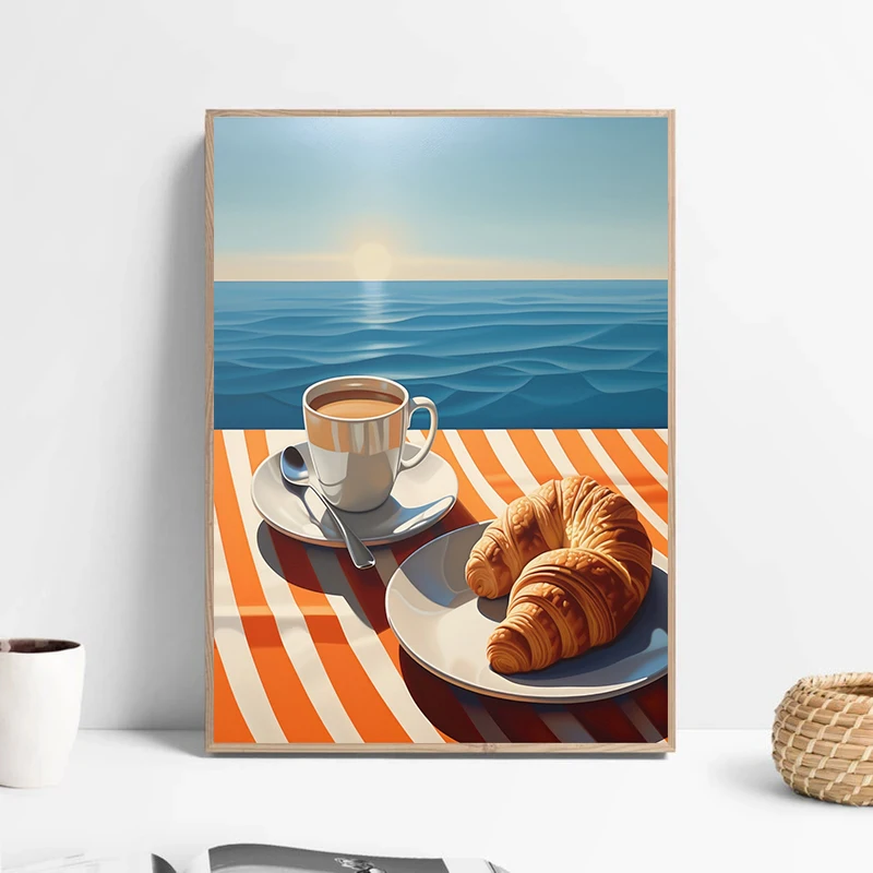 Vintage Food Croissant Taco Egg Toast Coffee Posters and Prints Canvas Printing Wall Art Picture for Kitchen Restaurant Decor