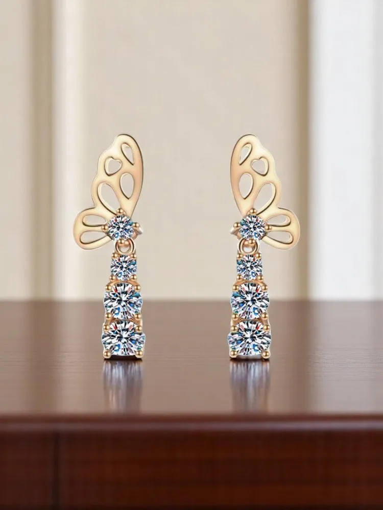 MoisaLuxe Official Store Moissanite 925 sterling silver earrings Champagne Gold Women's Butterfly Element Valentine's Day gift