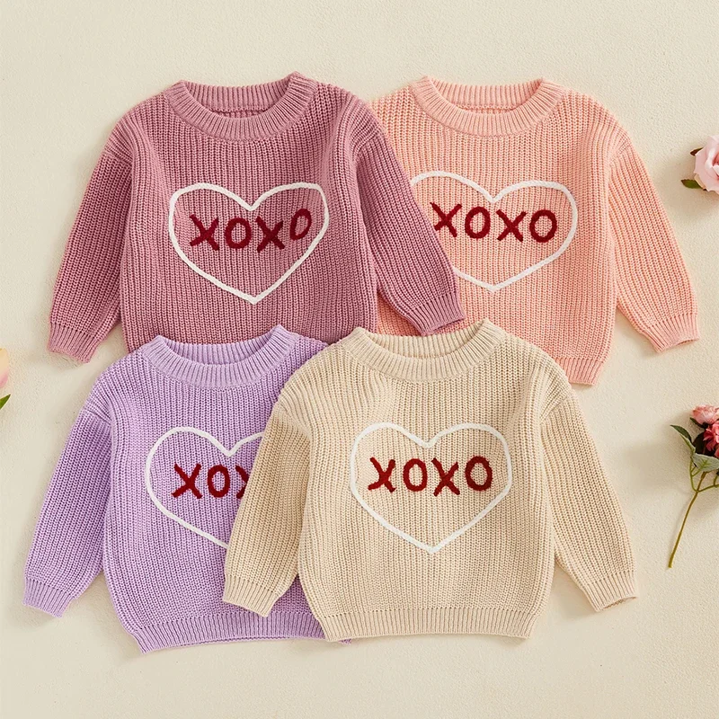 TregrenToddler Girls Boys Valentine's Sweaters Letter Heart Embroidered Long Sleeve Round Neck Ribbed Chunky Knit Jumper Tops