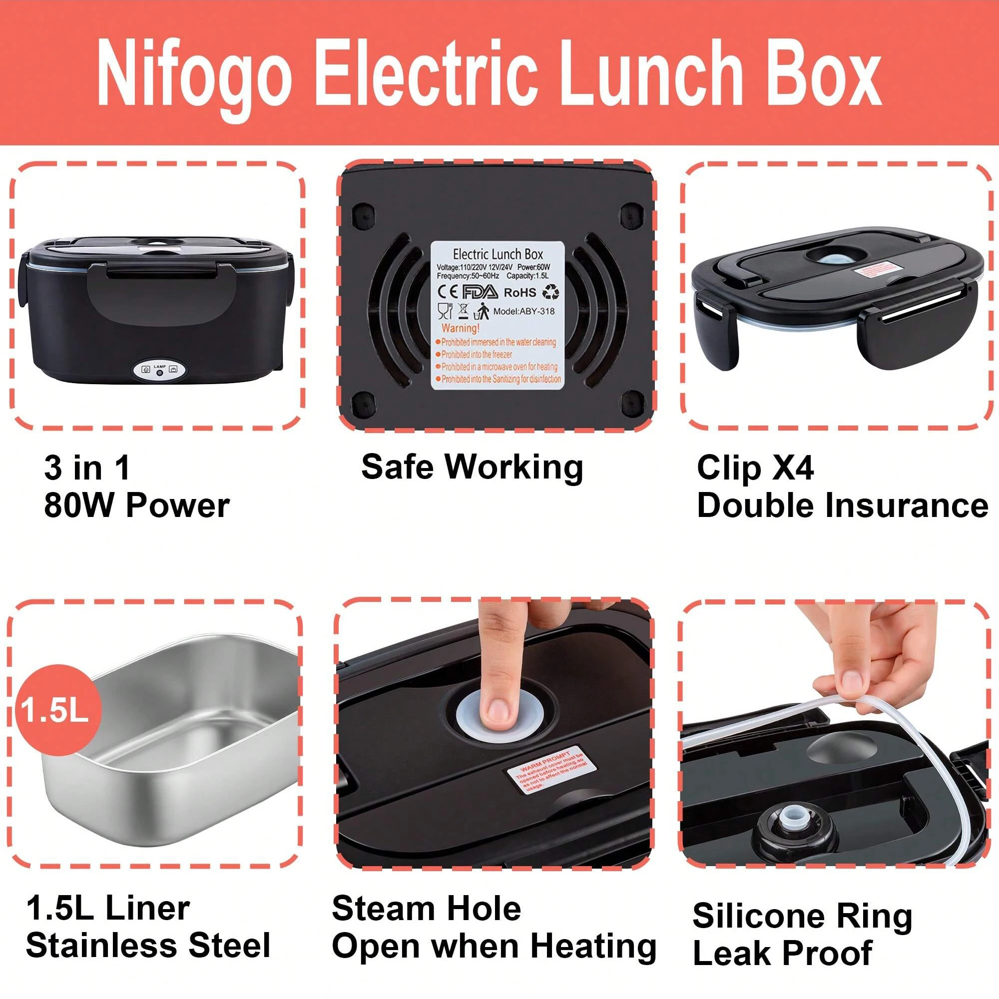 100W Electric Heating Lunch Box 1.5L, 304 Stainless Steel Portable Food Warmer Heater with Insulated Carry Bag, Spoon & Fork, Dual Use for Car 12V / Home 110V Office Travel Meal Container view 7