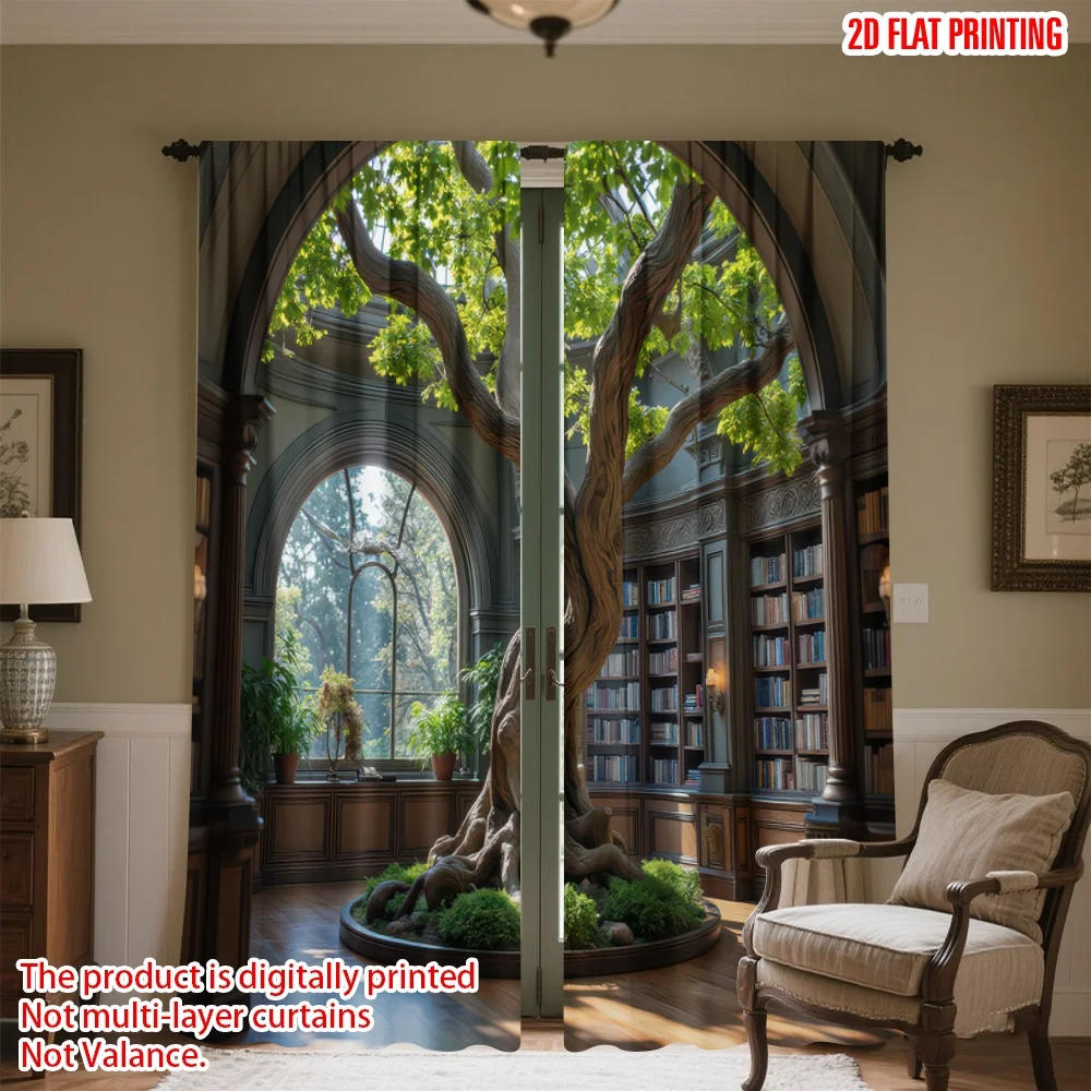 

2D flat printing 2pcs Drapes Majestic Library Tree Digital Printed Polyester Drapes Festive Curtains for Indoor Celebrations