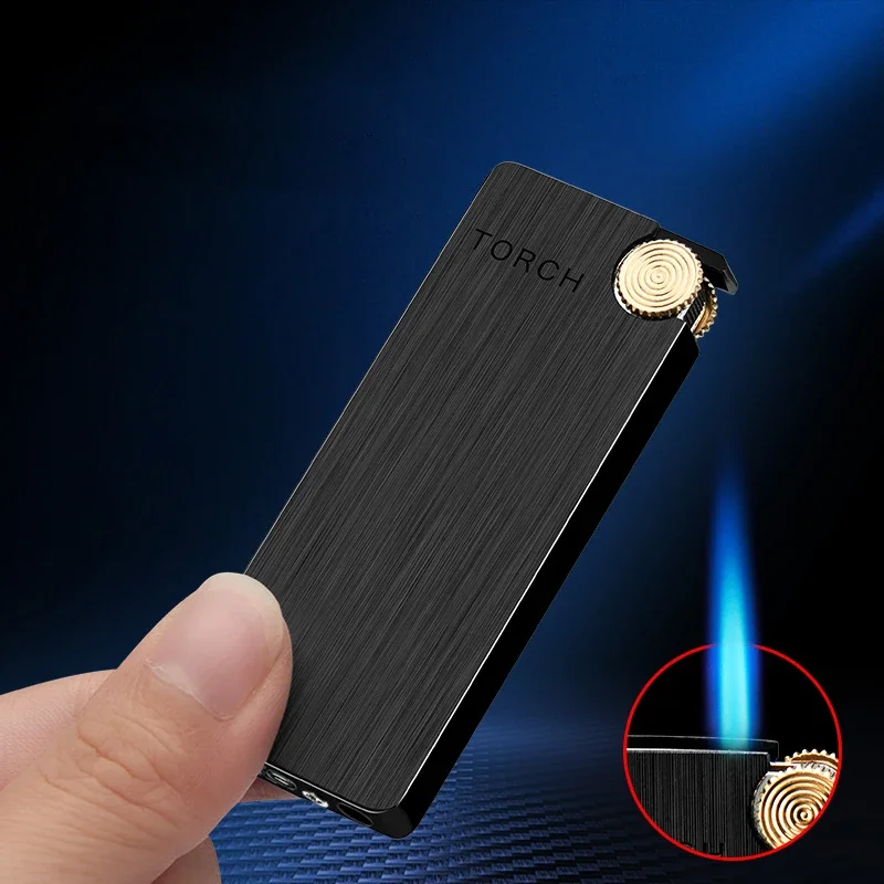 Encendedor de gas butano de metal ultrafino para hombre, linterna de llama recta turbo, dispositivo para cigarros, regalo, novedad de 2024