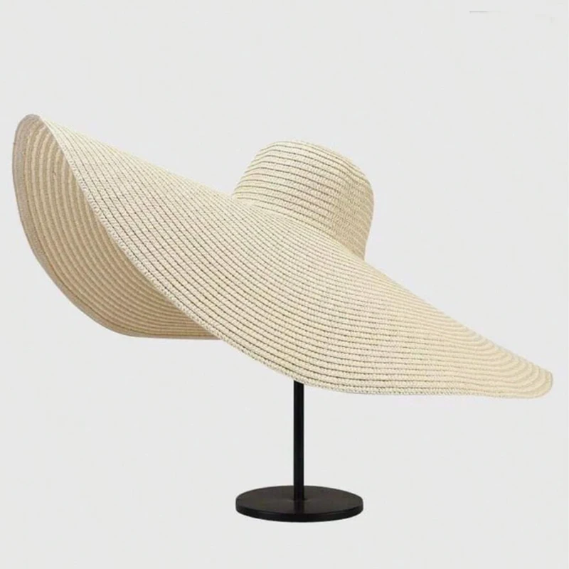 หมวกฟางชายหาดฤดูร้อนปีกกว้างพับได้ขนาดใหญ่ หมวกป้องกันสําหรับการเดินทางและการป้องกันรังสียูวีกลางแจ้ง น้ําหนักเบา