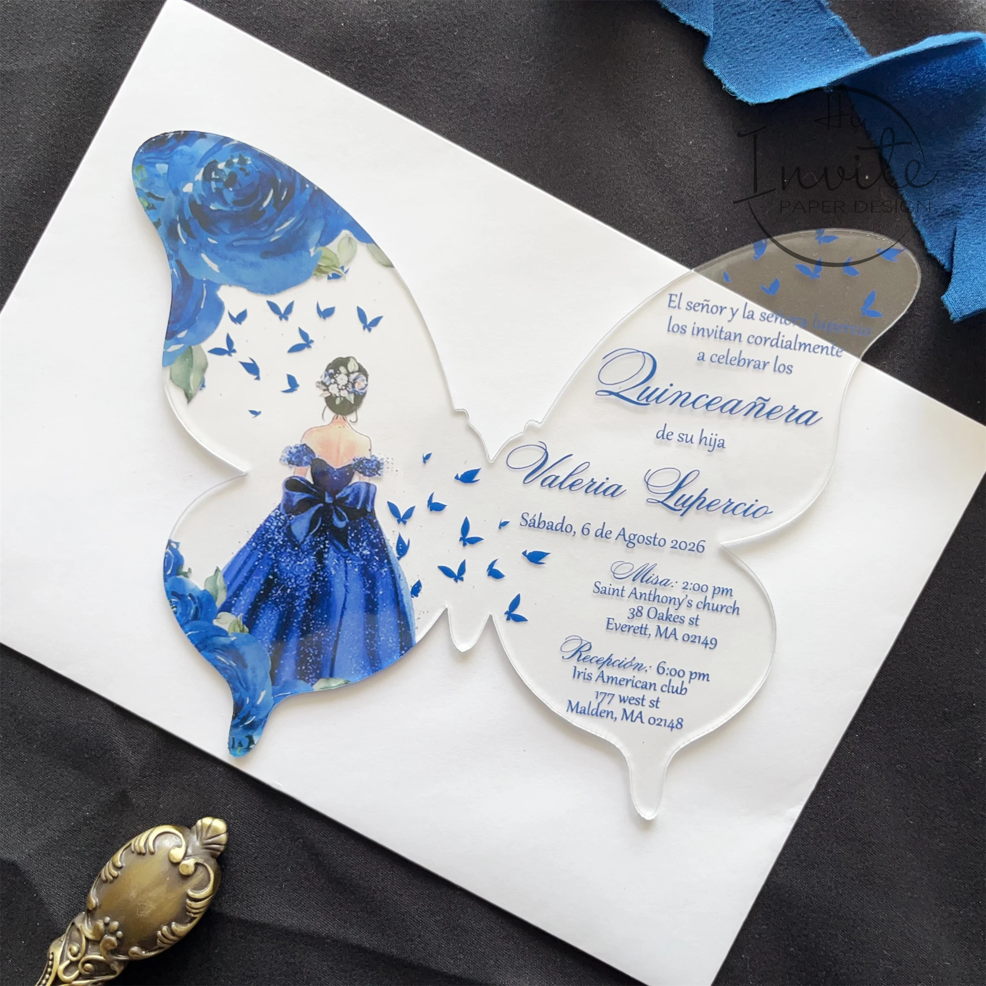 Navy Blue Rose, Girl And Butterfly Quinceañera Invitation, Fancy Sweet 15 Birthday, Personalize Mis 15 Anos Invite