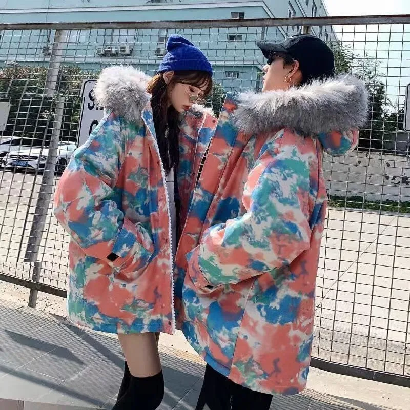 Winter Camouflage  Men's Thickened Trendy Fried Street Medium and Long Large Fur Collar Cotton Clothes New Couple Cotton Clothes