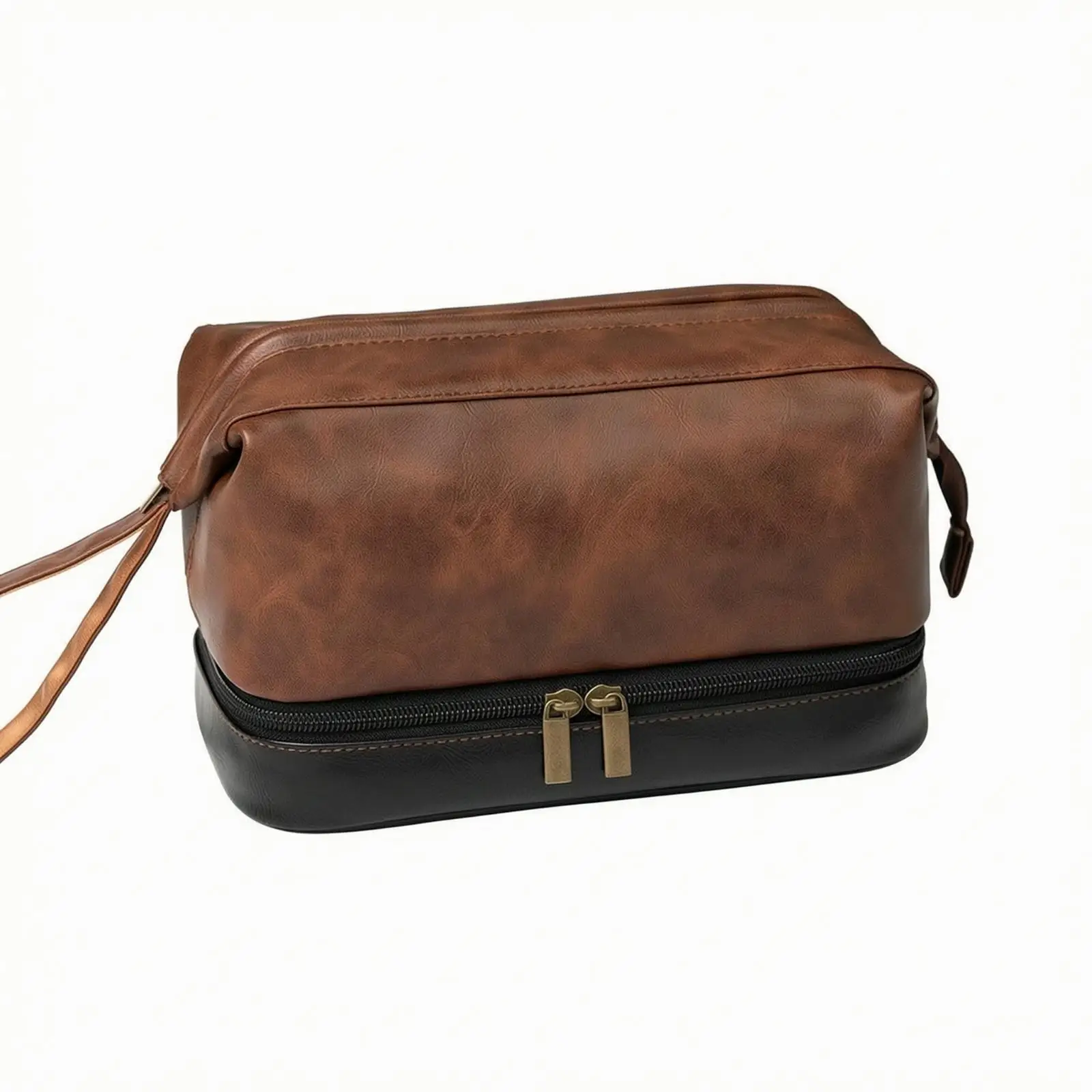 PU Leather Toiletry Bag Zippered PU Leather Toiletry Bag with Multiple Compartments Dopp Kit with Wrist Strap Structured