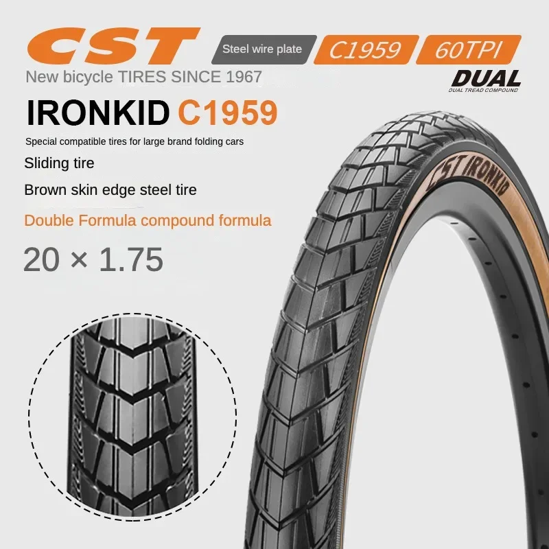 CST Zhengxin Bicycle Tire Folding Bicycle Outer Tire Tyre of Steel Wire 20*1.75 Brown Retro Yellow Edge Tire C1959