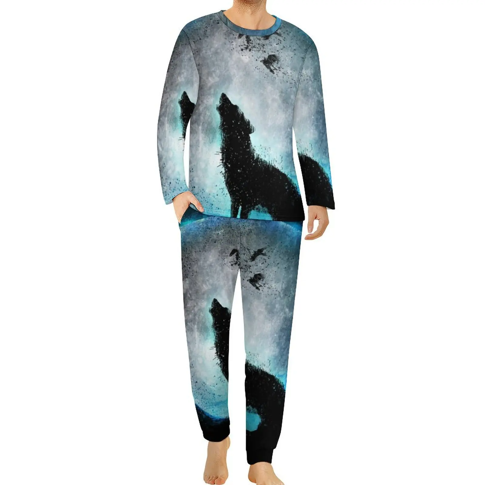 Pijamas Funky Wolf de manga larga, conjunto de pijamas para el hogar de dos piezas de Midnight Howl, ropa de dormir suave de talla grande con diseño masculino de otoño