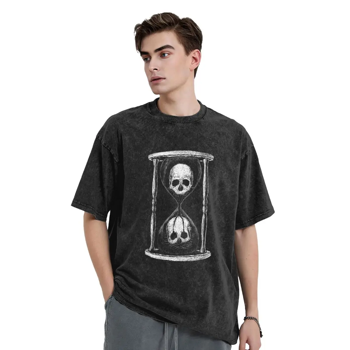 

Hourglass Skull Men's Vintage Oversized T-Shirts Rose Graphic Novelty T-Shirts Cotton Oversize Top Tees For Men Women