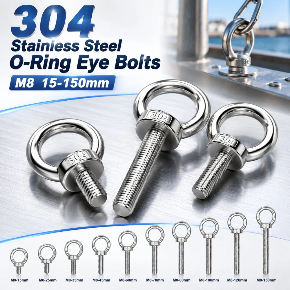 304 Stainless Steel Eye Bolts Heavy-Duty M8 15-150mm O-Ring Extended Bolts Rust Prevention Hand-twisting Lifting Bolts Eyelets