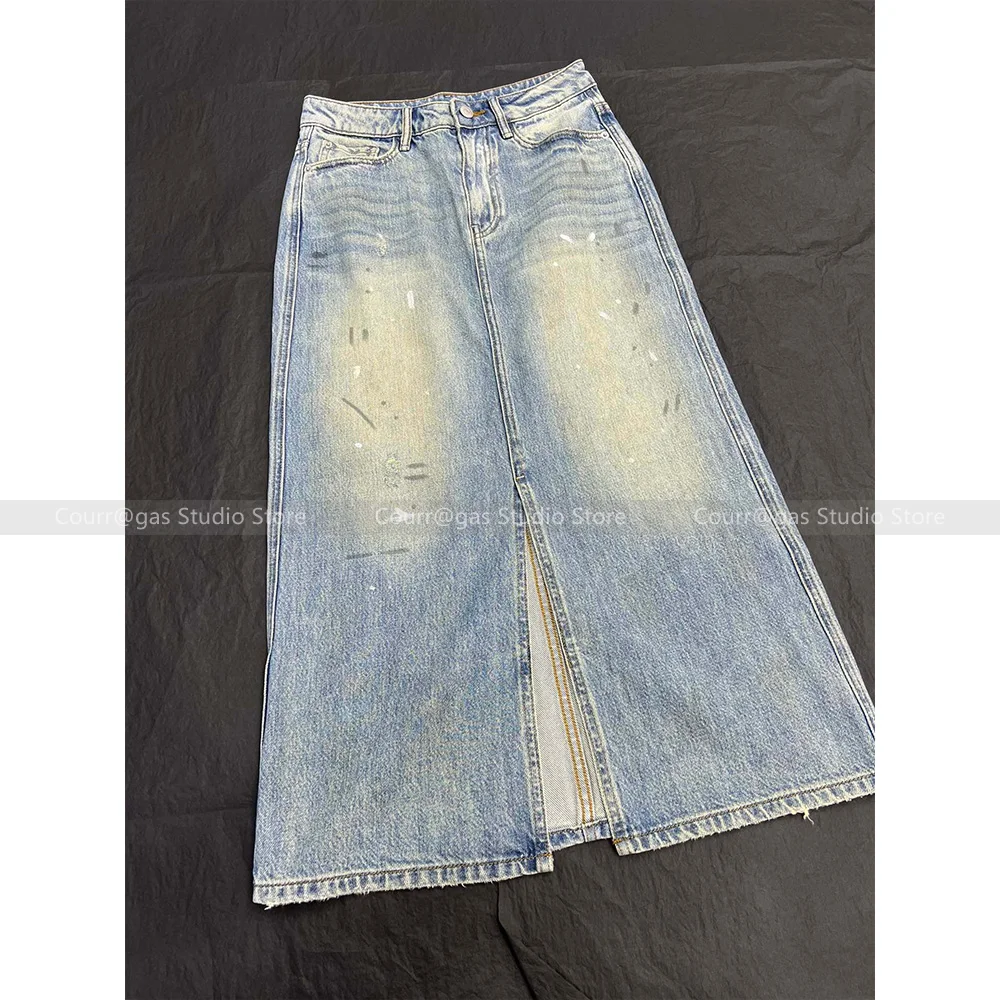 Retro commuter do old high waist thin open denim half skirt female 2024 summer new