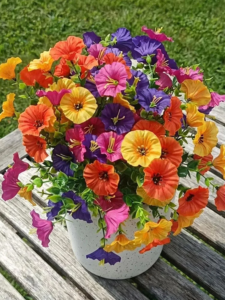 4 Bündel leuchtender künstlicher Eukalyptusblumen | Morgenröte-Blumen (7 Zweige pro Bündel, 3 Blumen pro Zweig, insgesamt 4 Bündel, 84 Blumen) mehrfarbige künstliche Blumendekorationen, leuchtend in 4 Farben, hochwertige Kunststoff-Hängedekorationen, geeignet für Balkon, Terrasse, Blumenkästen, Hochzeiten und Eventdekorationen, langlebige Kunstblumen, ohne Behälter, Kunstblumen für Muttertag und Valentinstag. – Detail 2