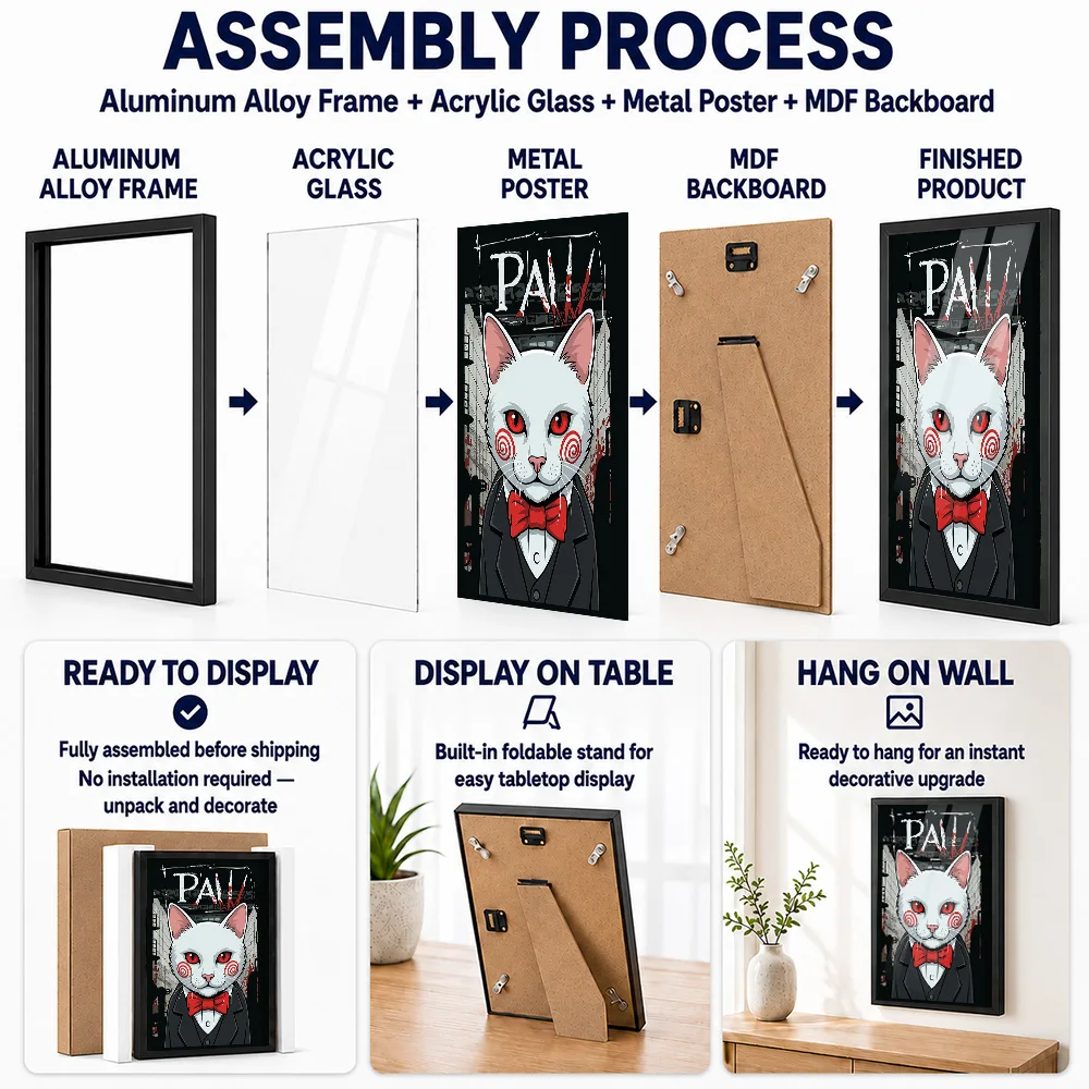 Paw Parody With Cat Framed Aluminum Metal Poster Customized Photo Retro Comedy Style Wall Art For Studio Unique Pet Lover Gift