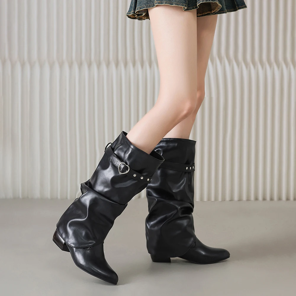 2026 New Winter Sweet Women Mid Calf Western Boots Med Chunky Heel Wide Fit Lady Party Shoes Plus Large Size 11 43 47 50