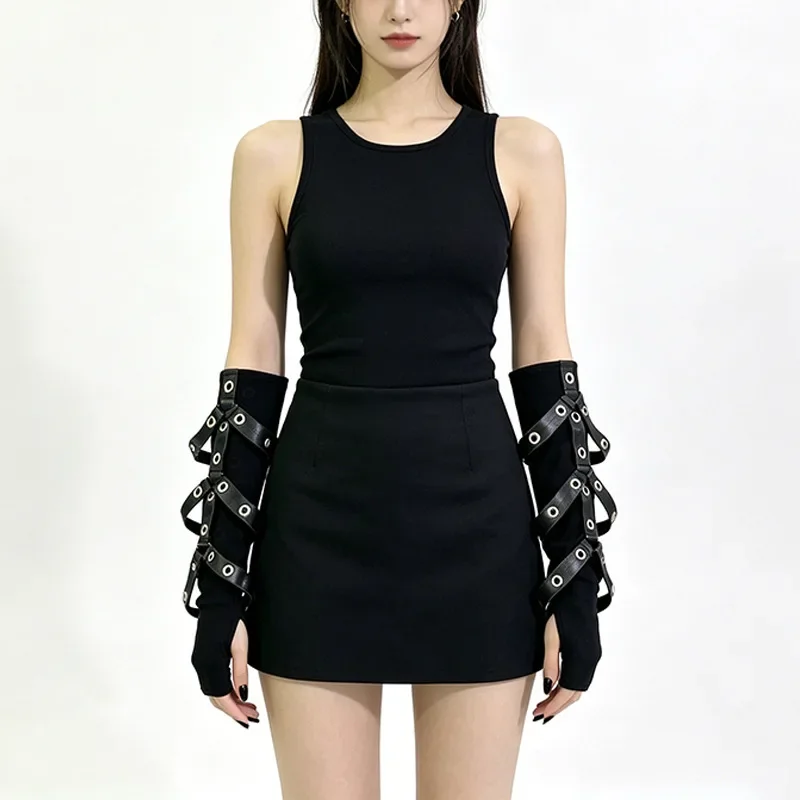 Punk Gothic Ladies Half Finger Gloves Subculture 3D PU Cuff Black Arm Sleeve Dance Accessory