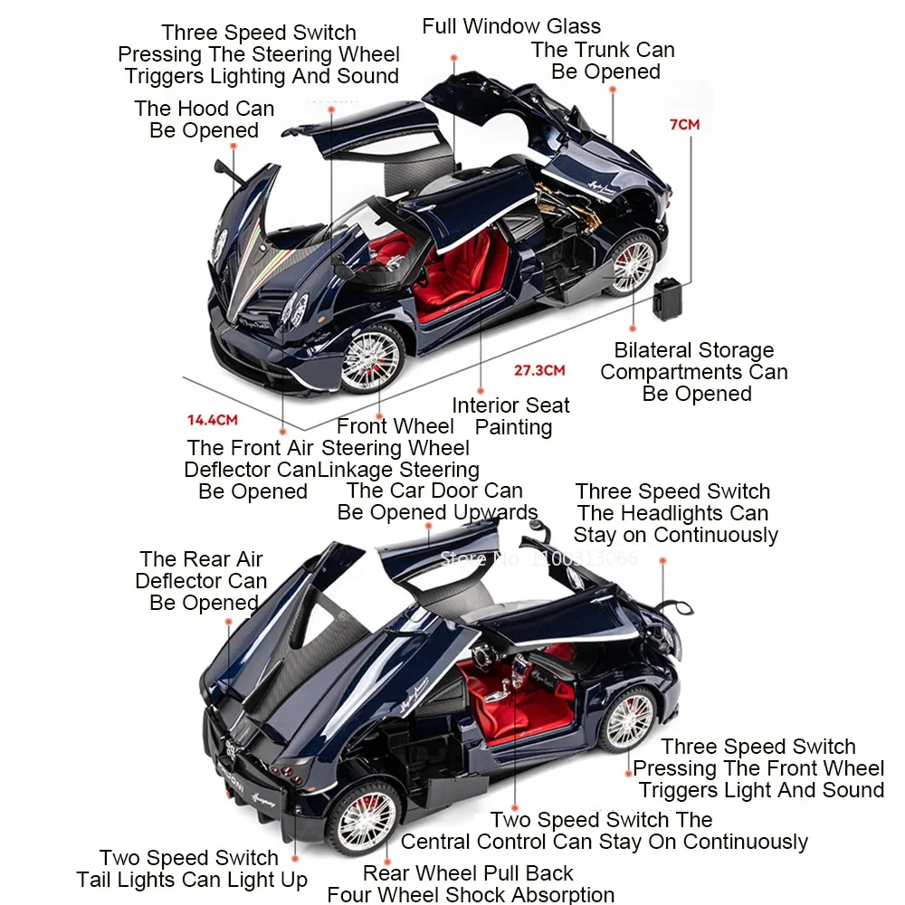 1:18 Scale Pagani Huayra Car Toys Models with Light Music Cars Wheel Pull Back Vehicles Miniature Model for Child Holiday Gifts