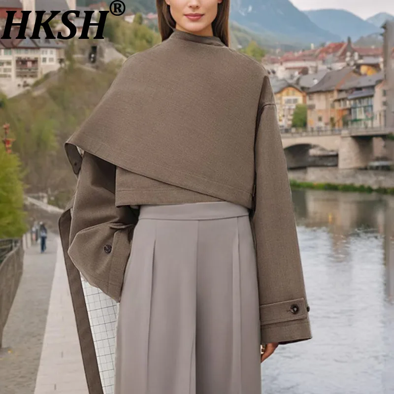 

HKSH 2026 Spring Autumn New Women Short Blazer Shawl Ribbon Solid Color Long Sleeves High-end Elegant Jacket Trendy Coat HK18437