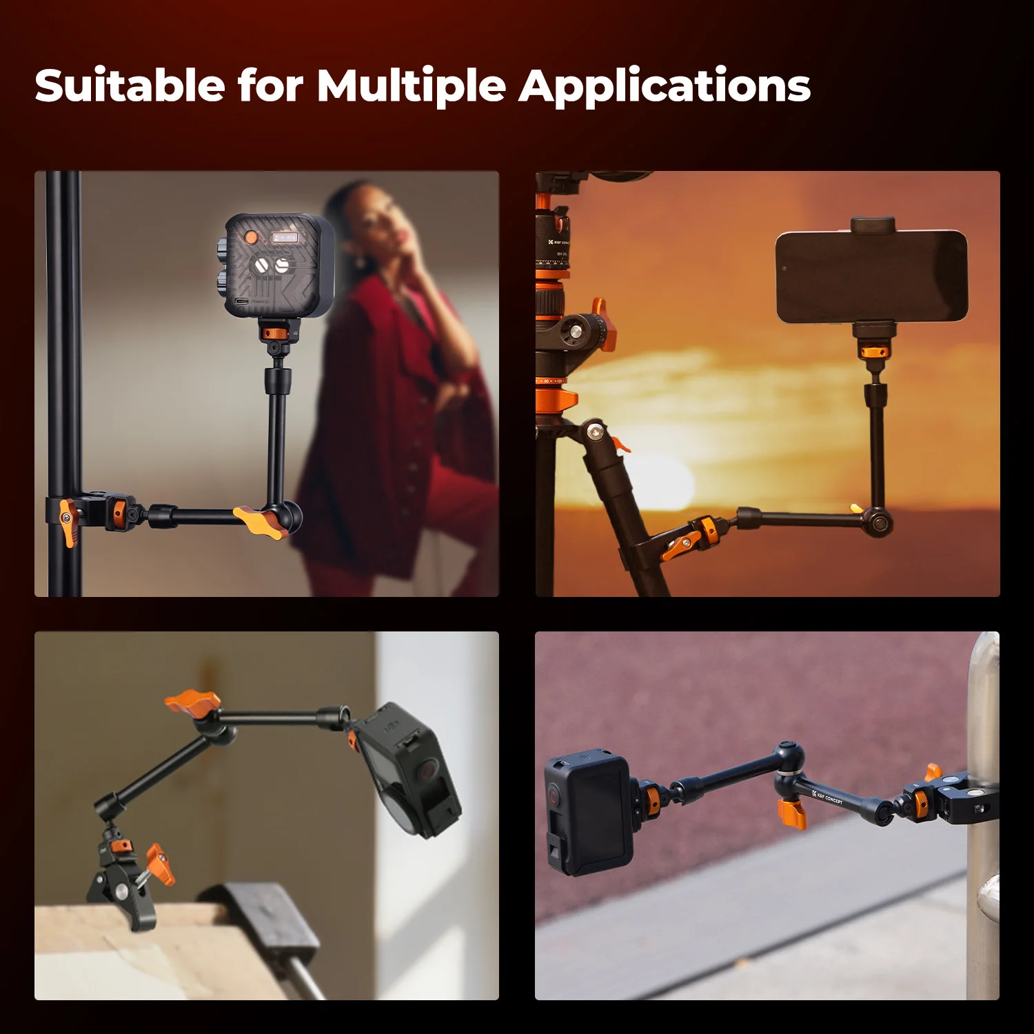 K&F CONCEPT Magic Arm Clamp z Super Clampem, gwint ARRI 1/4" 3/8", śruba, obrót 360 stopni °   Głowica kulowa z mocowaniem na zimną stopkę i zaciskiem 11 cali MS33 — zdjęcie produktu 6