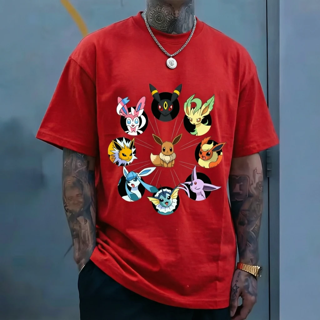 Pokemon Eevee Evolution T-shirt Eeveelutions All Forms Print Men Anime Short Sleeve Cotton Casual Streetwear Tee Tops view 4