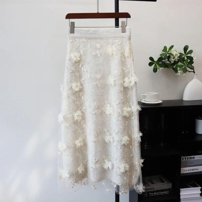 

Женские вязаные юбки, однотонные трапециевидные юбки с эластичной резинкой на талии, двухслойная сетчатая длинная юбка с цветами, осень 2024, новая мода