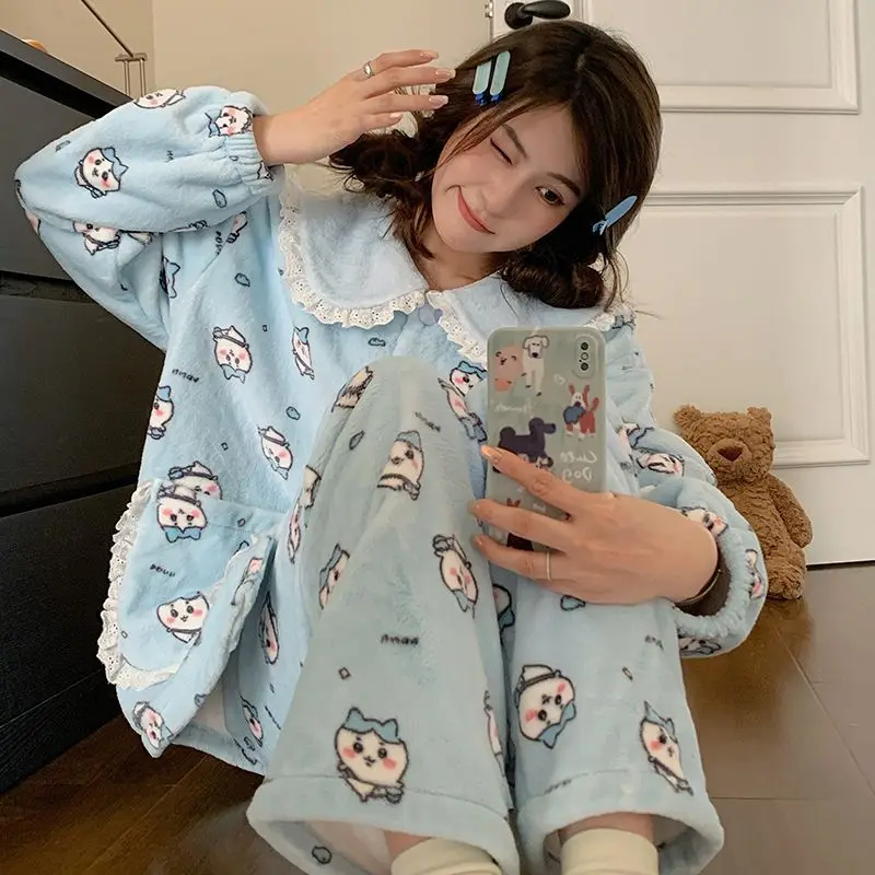 Kawaii Chiikawa المرأة بيجامة أنيمي الكرتون بيجامة مجموعات القطن طالب ملابس خاصة الحبيب لطيف فتاة مريحة ملابس المنزل الدافئة