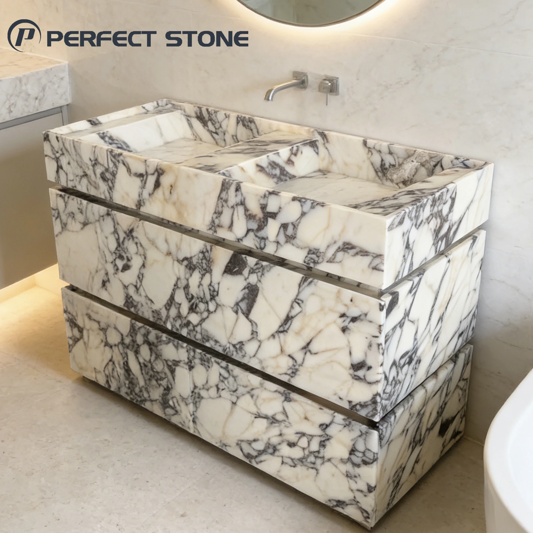 PerfectStone Luxury Natural Marble Calacatta Viola Pedestal Sink Bathroom Cabinet with Two Sink for Star-Rated Hotel Project