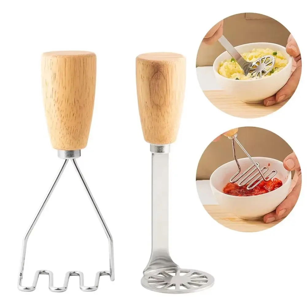 2Pcs Wooden Handle Potatoes Crusher Set Non-Stick Rust-proof Baby Food Masher Comfortable Grip Convenient Potatoes Mud Pusher