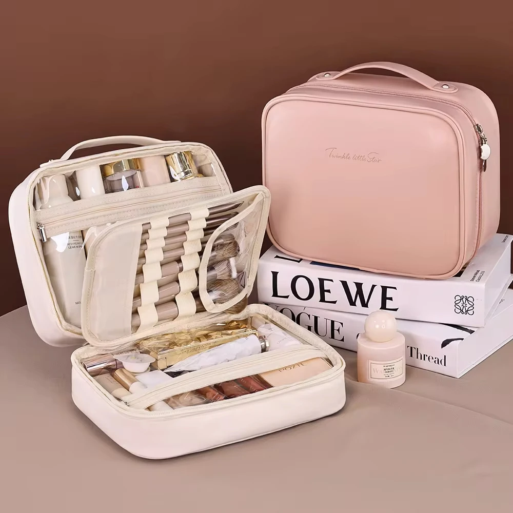 1pcs Multi-Compartment Toiletry Cosmetics Bag Women Travel Storage Makeup Bag PU Leather Waterproof Make Up Bag