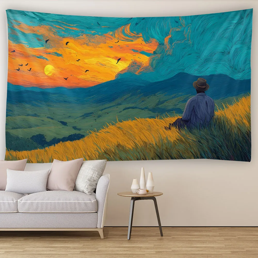 

Landscape tapestry, Van Gogh oil painting wall decoration background cloth, bedroom living room home decoration aesthetic mural