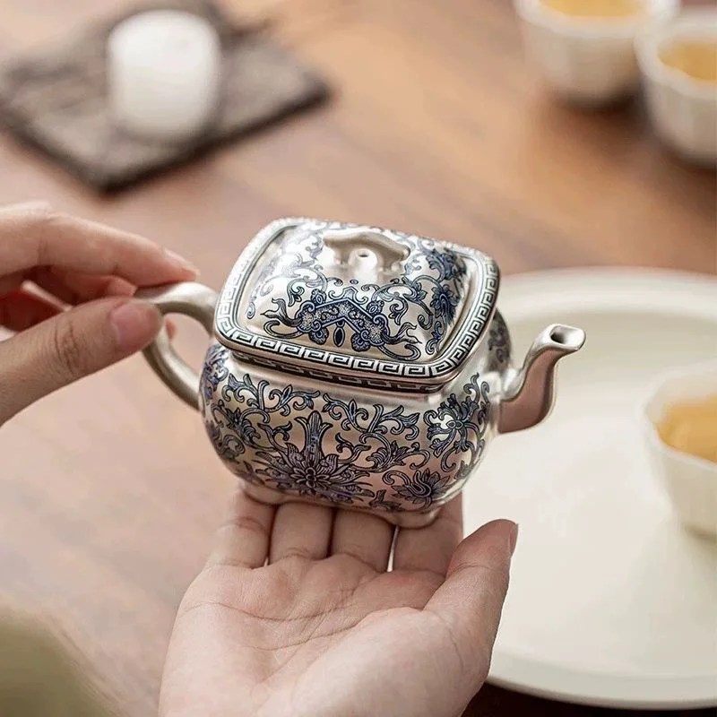 

Chinoiserie Cup 999 Silver Classy Kung Fu Tea Set Gilt Silver Square Pot Chinoiserie Teapot One Pot Two Cups Tea Set