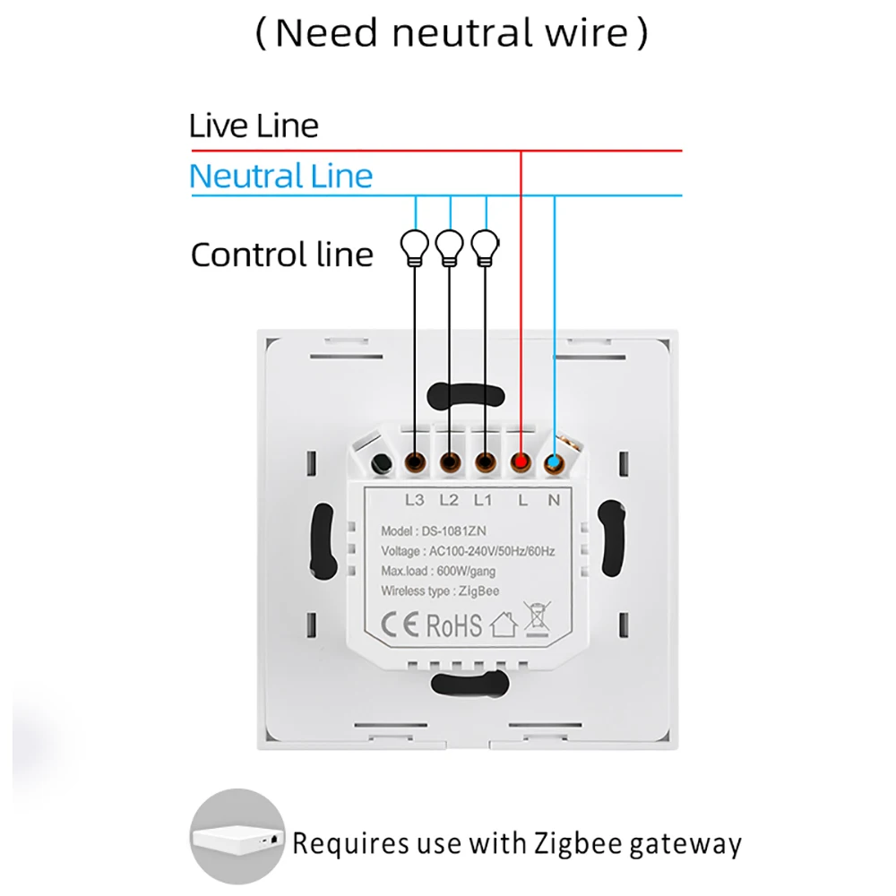 ZigBee Wall Touch Smart Light Switch 220V Need Neutral Wire Smart Life/Tuya 1/2/3 Gang ZigBee Gateway compatible Alexa Google