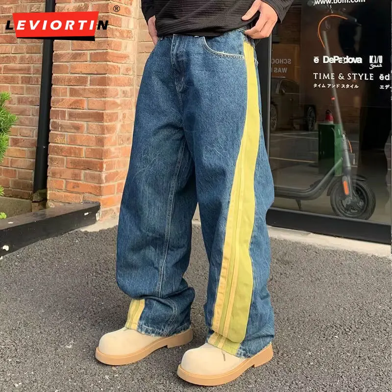 

High Street Men's Splicing Pleated Texture Washed Wide Leg Jeans Pants Color-Blocked Patchwork Pleated Straight Denim Trousers