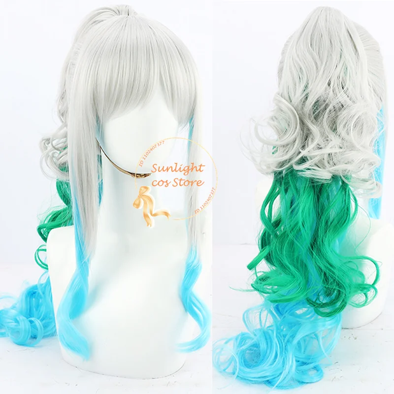 Anime Yamato Cosplay Wig 70cm Long Grey Green Blue Curly Ponytail Heat Resistant Synthetic Hair Halloween Party Wigs + Wig Cap