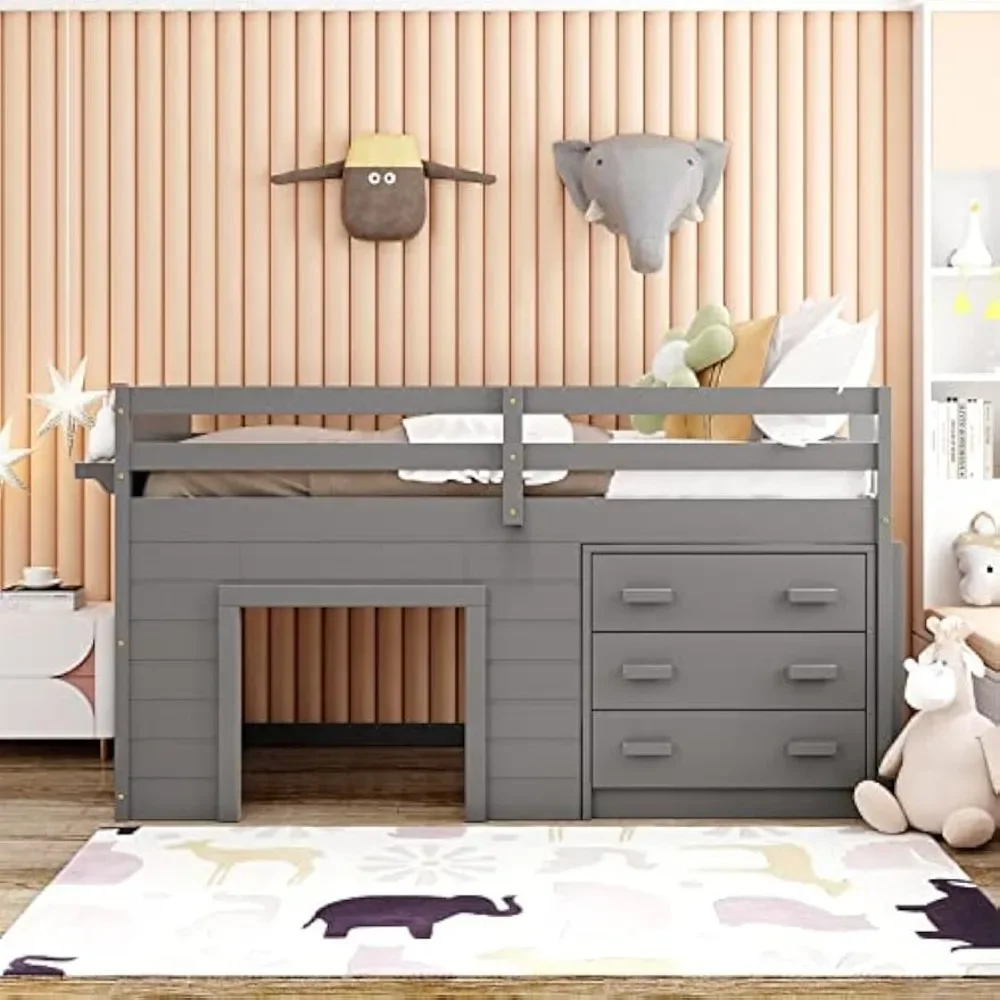 

Twin Loft Bed Frame with Cabinet and Bedside Tray Wood Farmhouse Lofts Bed for Kids Girls Boys, Low Loft Beds with 3 Drawers