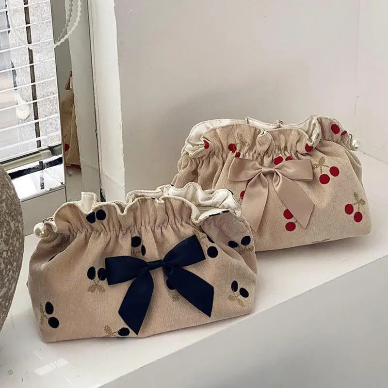 Cherry Print Diaper Storage Multi Purpose Bags For Cosmetics Cute Korean Portable Travel Zipper Bags With Bowknot