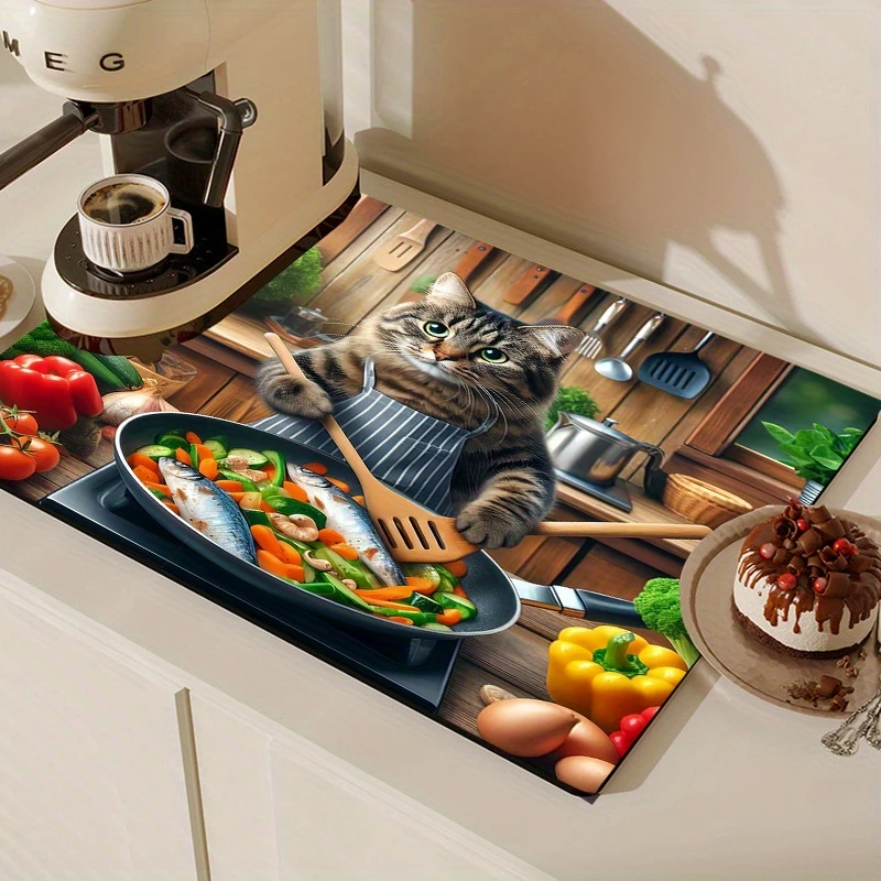 Funny Chef Tabby Cat Creative Layout Kitchen Drying Mat,Coffee Station Cooking Countertop,Non Slip,Water Absorbent,Gift