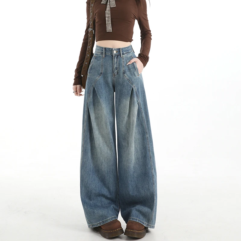 Women Pants Y2k Jeans Retro Wide Leg Denim Trousers Loose Fit Distressed High Street Straight Leg Deconstructed Vintage