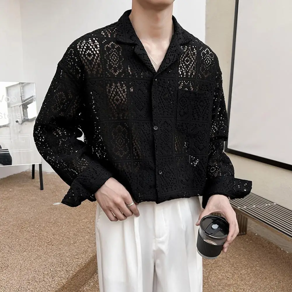 Men Long-sleeve Shirt Men Lightweight Shirt Men's Retro Hollow Out Long Sleeve Shirt with Turn-down Collar Chest for Party