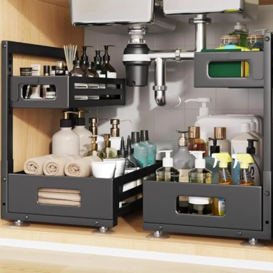 

2 Pack Under Sink OrganizerPull Out Cabinet Organizer with Smooth Cylindrical Rail Metal Slide Out Drawer for Kitchen Bathroom