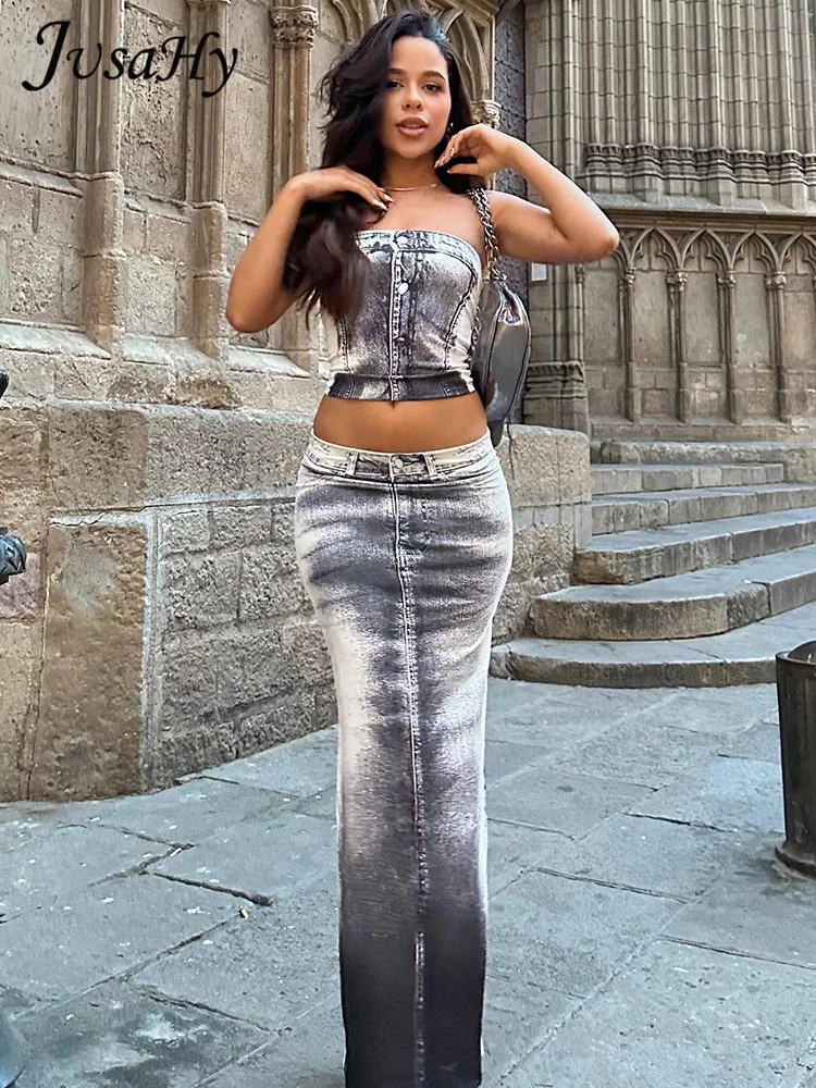 JusaHy Elegant Women New Y2K  Printed Grey Hot Two Pieces Sets Chest Wrapping Skinny Tube Vest Tops&A-Line Chic Long Skirt 2023