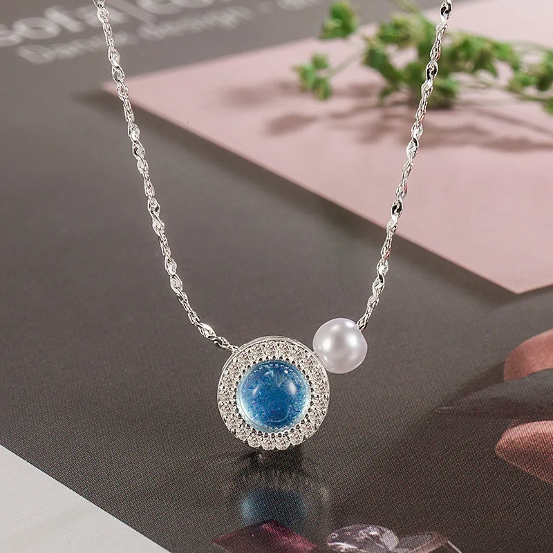 

925 Sterling Silver Blue Necklace Charm Simple Geometric Shape Woman Pendant Choker Birthday Gift Exquisite Jewelry Accessories