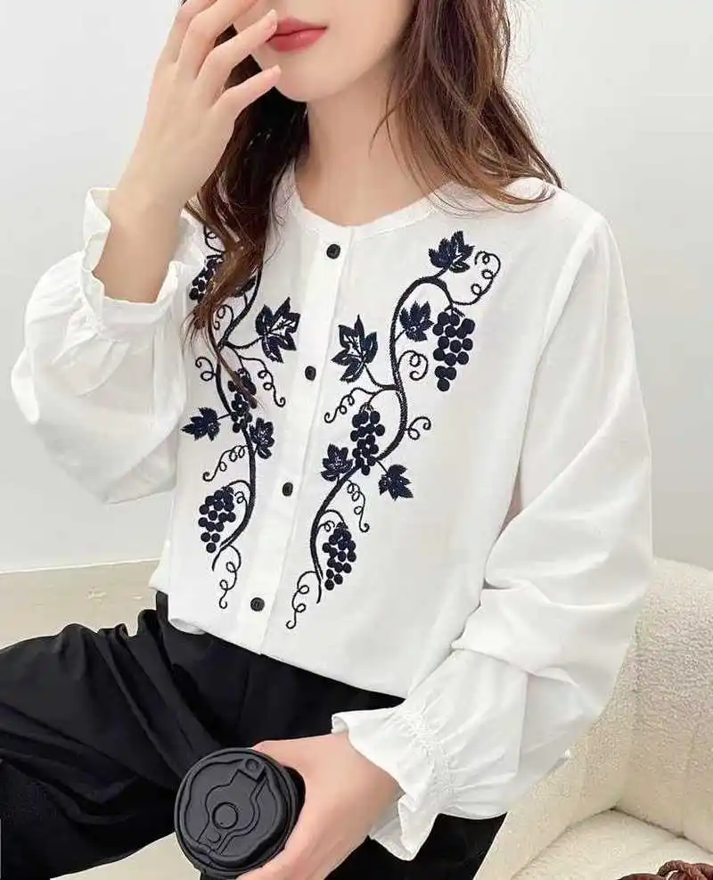 جديد 2025 الخريف قميص قطني بكم طويل ، المرأة س الرقبة التطريز ، موري فتاة ريترو اليابان نمط تنوعا بلوزة فضفاضة T59216CC