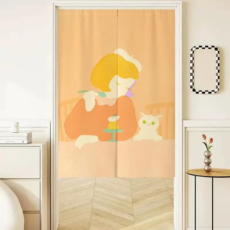 VIKAMA Minimalist Cat-Print Door Curtain Kitchen & Bathroom Divider Living Room & Bedroom Entrance Half-Curtain Home Decor
