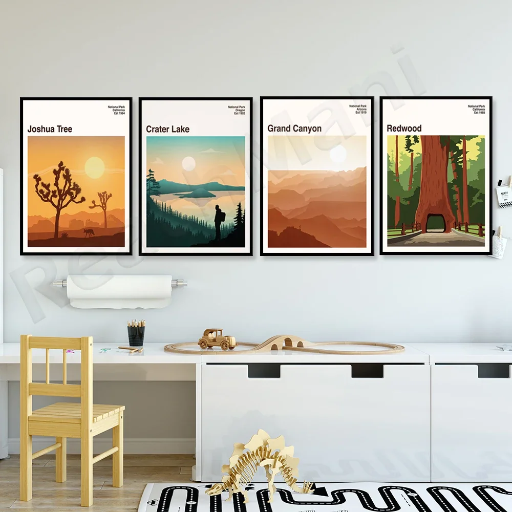 Crater Lake in Oregon, Death Valley in California, Joshua Tree, Redwood in California, Grand Canyon National Park tourist poster