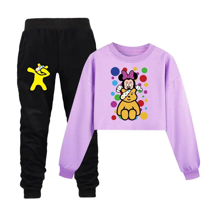 111 www جديد P-Pudsey Bear الكرتون الطباعة الاطفال زي طفل الفتيات موضة نصف الخصر البلوز + السراويل مجموعات الأطفال طويلة الأكمام