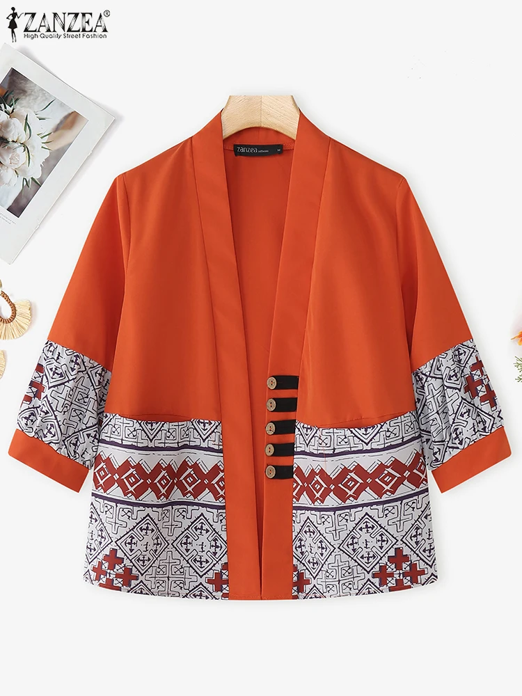 ZANZEA 2025 Women Fashion Cardigans Shirts Vintage Printing Open Stitch Casual Tops Autumn 3/4 Sleeve Loose Blusas Femininas