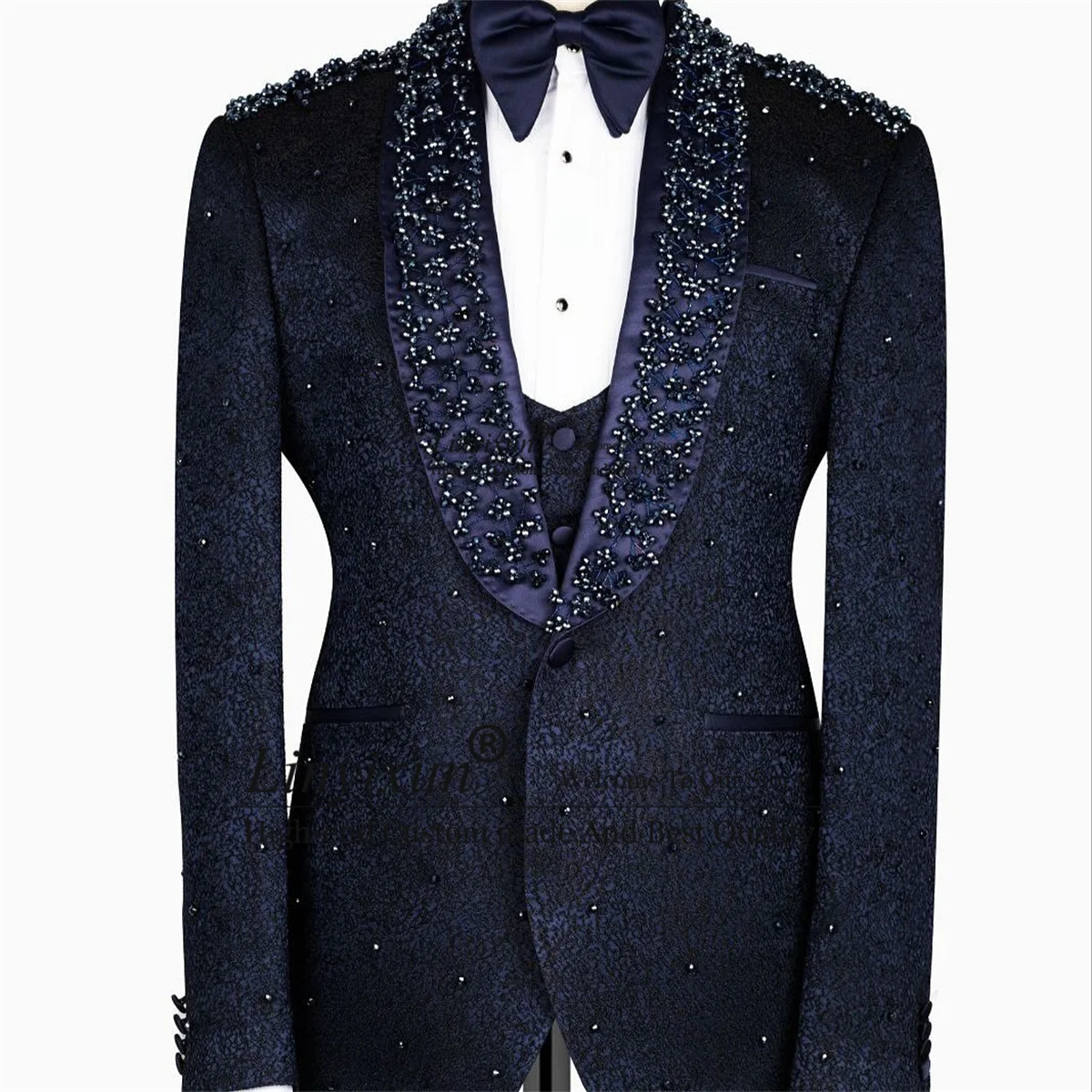 

Glitter Rhinestone Lapel Men Suits For Wedding 3 Piece Sets Groom Male Blazers Fashion Jacquard Tuxedos Ropa homre Customized