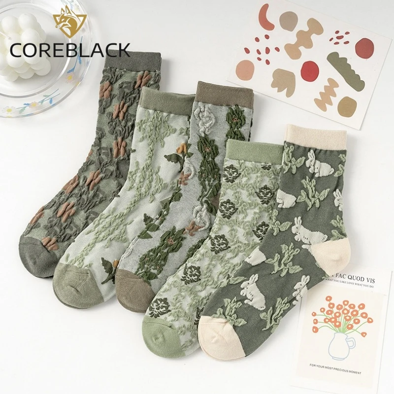 

5 Pars Green Girl's Cotton Socks Set Four Seasons Short Tube Socks With Flower Printing Sweat-absorbing Anti Odor Women Socks