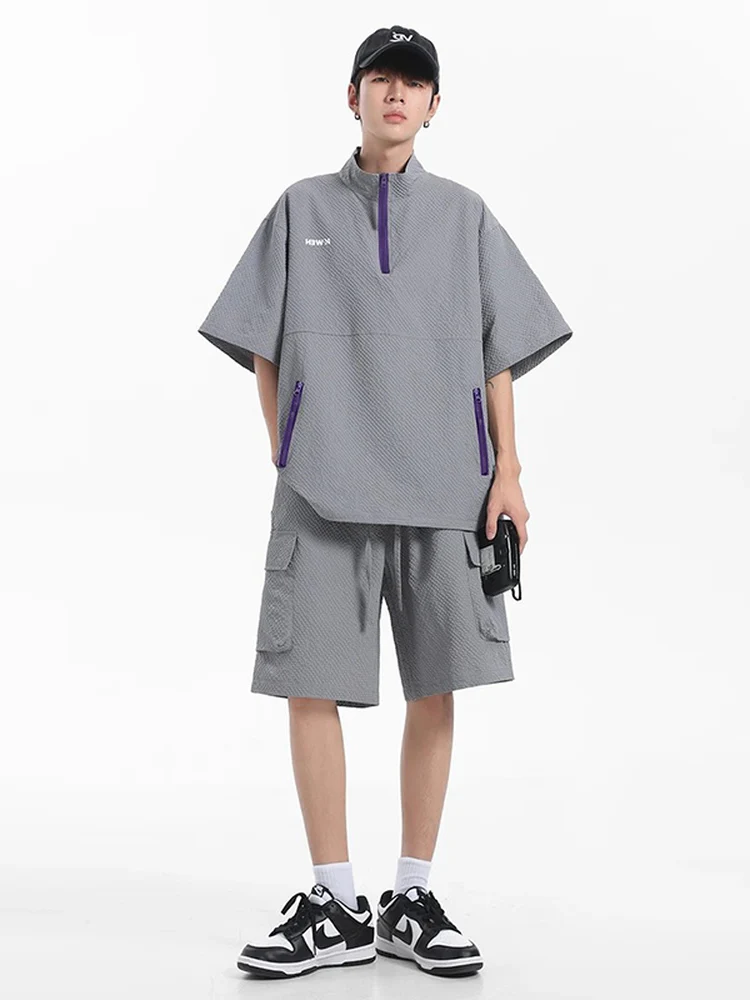 

Summer Casual Bubble irt ort Sve Stand Collar Men's Set OOTD Couple Qui Dry Sport orts Polyester Fiber
